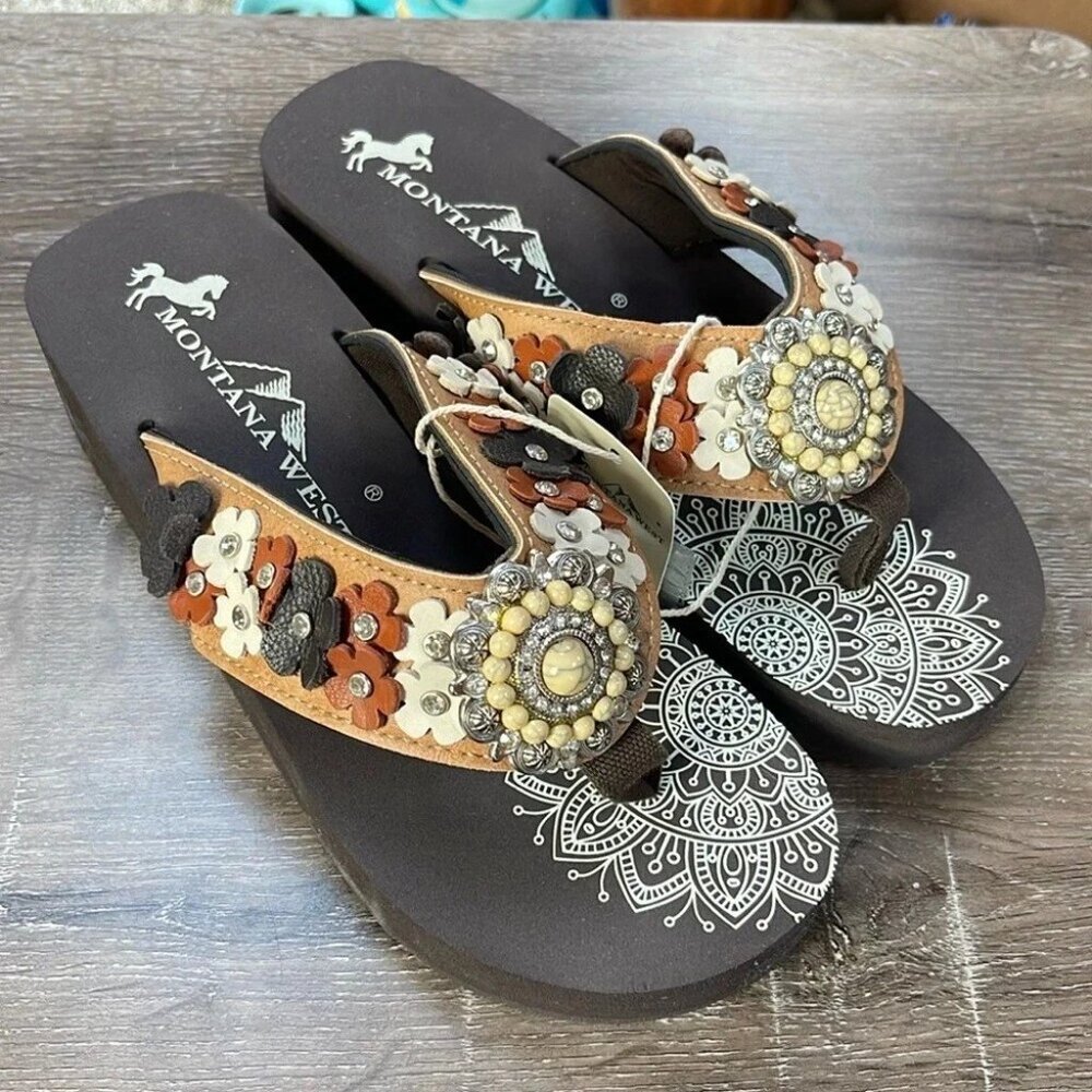 Montana West Flip Flops Western Bling Flowers Wedge Sandals Brown Women's Shoes